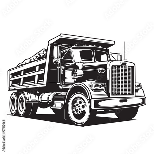 DUMP TRUCK  in cartoon, doodle style . Image for t-shirt, web, mobile apps and ui. Isolated 2d vector illustration in logo, icon, sketch style, Eps 10, black and white. AI Generative