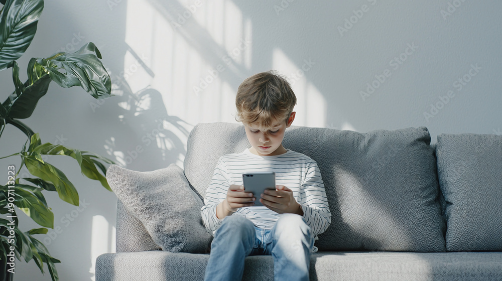 child sitting comfortably on a gray couch at home, deeply focused on a smartphone screen as they watch a video