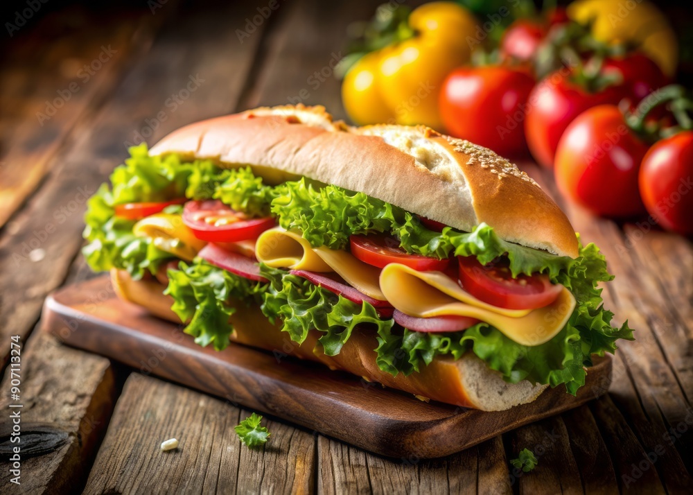 Freshly made hoagie sandwich with crispy lettuce, juicy tomato, and melted cheese resting on a rustic wooden table, surrounded by natural light and warm atmosphere. Freshly made hoagie sandwich with crispy lettuce, juicy tomato, and melted cheese resting on a rustic wooden table, surrounded by natural light and warm atmosphere.