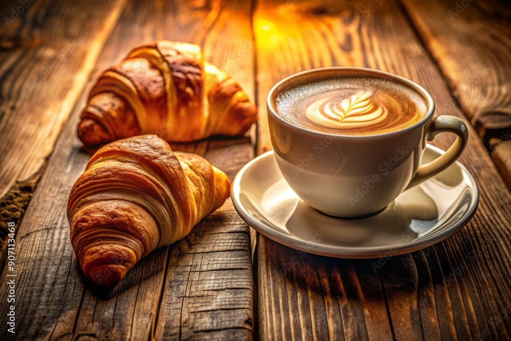 Richly flavored latte sits in a delicate cup beside a flaky, buttery croissant on a rustic wooden table, bathed in warm, golden morning light. Richly flavored latte sits in a delicate cup beside a flaky, buttery croissant on a rustic wooden table, bathed in warm, golden morning light.