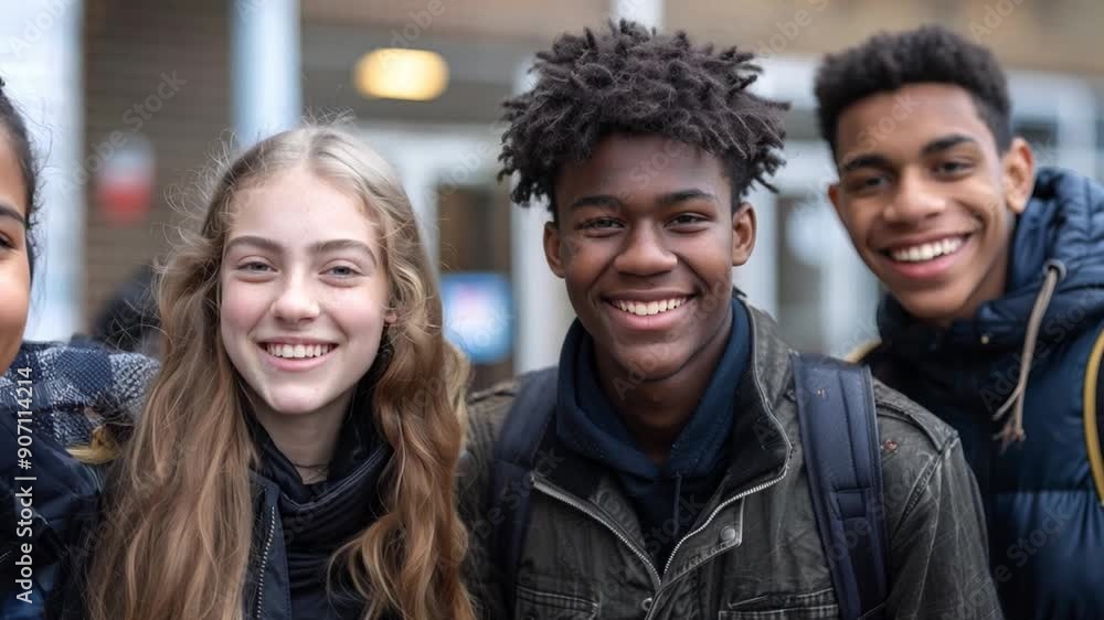 Three students, two wearing jackets and backpacks, smile happily while posing together outside their school on a cool autumn day.