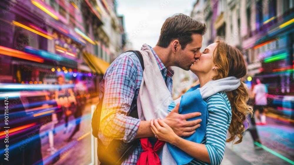 A man and woman kissing on the street in a city, AI A man and woman kissing on the street in a city, AI