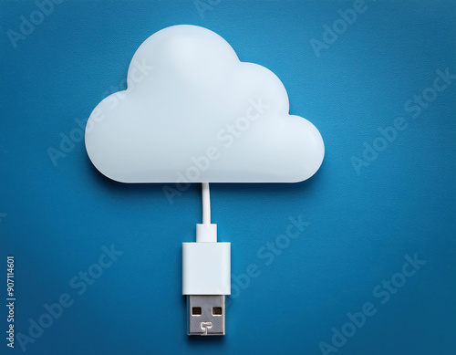 Cloud computing with USB cable on blue background. 3D Rendering