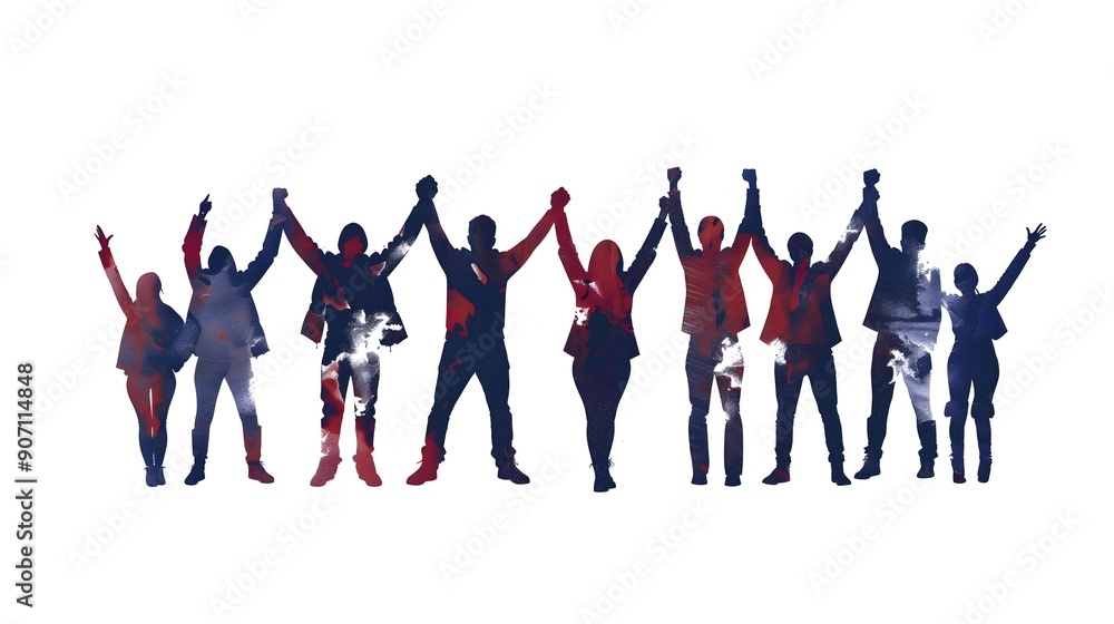 Obraz premium Silhouette of a group of people raising their hands in the air.