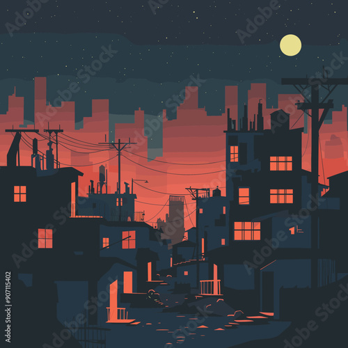 Nighttime cityscape backdrop illuminated windows. Dark urban neighborhood under starry sky, full moon over silhouetted buildings. Twilight city illustration, electrical wires, deserted streets