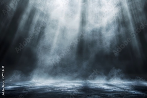 Mysterious Black Background with Mist and Light Beams