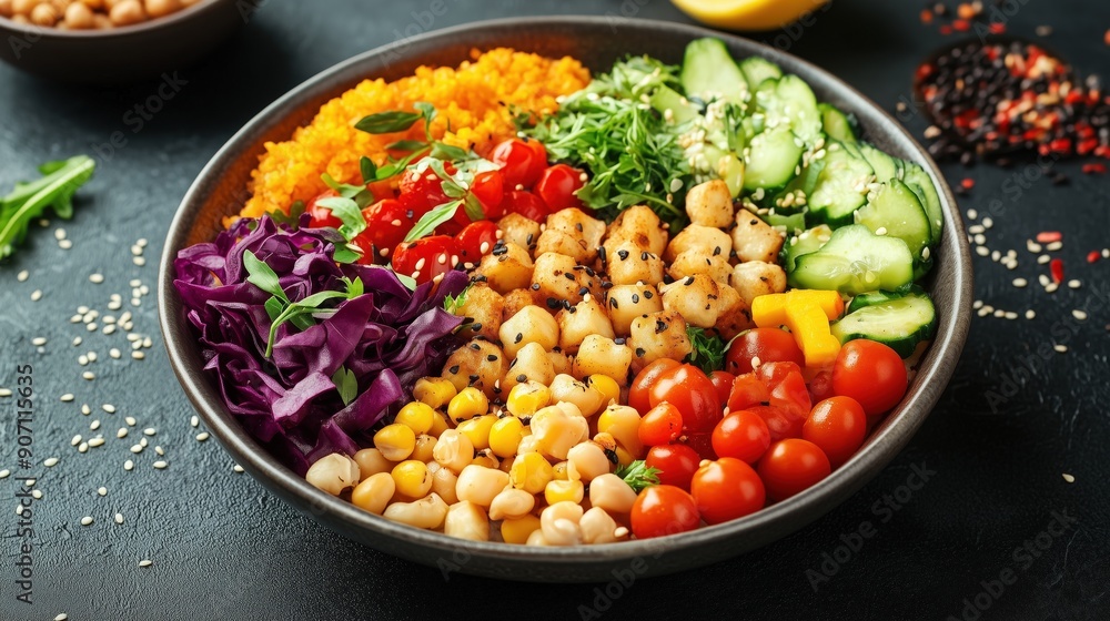 Vibrant Buddha Bowl: Nutritious Feast of Colorful Vegetables, Wholesome Grains, & Lean Proteins. Balanced Healthy Meal Showcasing Plant-Based Ingredients for Clean Eating & Wellness-Focused Lifestyle. Vibrant Buddha Bowl: Nutritious Feast of Colorful Vegetables, Wholesome Grains, & Lean Proteins. Balanced Healthy Meal Showcasing Plant-Based Ingredients for Clean Eating & Wellness-Focused Lifestyle.