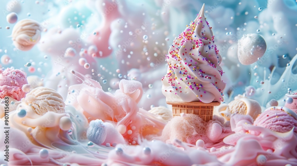 A dreamy ice cream world with cotton candy clouds, colorful sprinkles and soft swirls of vanilla. A dreamy ice cream world with cotton candy clouds, colorful sprinkles and soft swirls of vanilla.