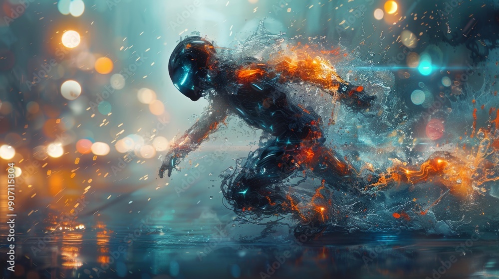 Fototapeta premium Futuristic cybernetic runner in action - generative ai