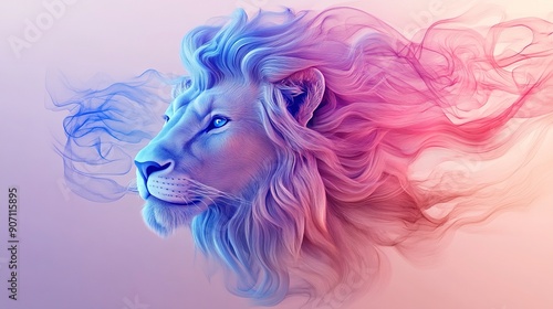 Elegant lion portrait with flowing mane in pastel colors