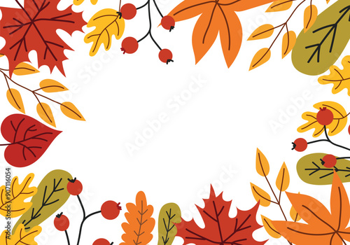 Autumn foliage background. Autumn colors. Different leaves. Thanksgiving. White isolated background.