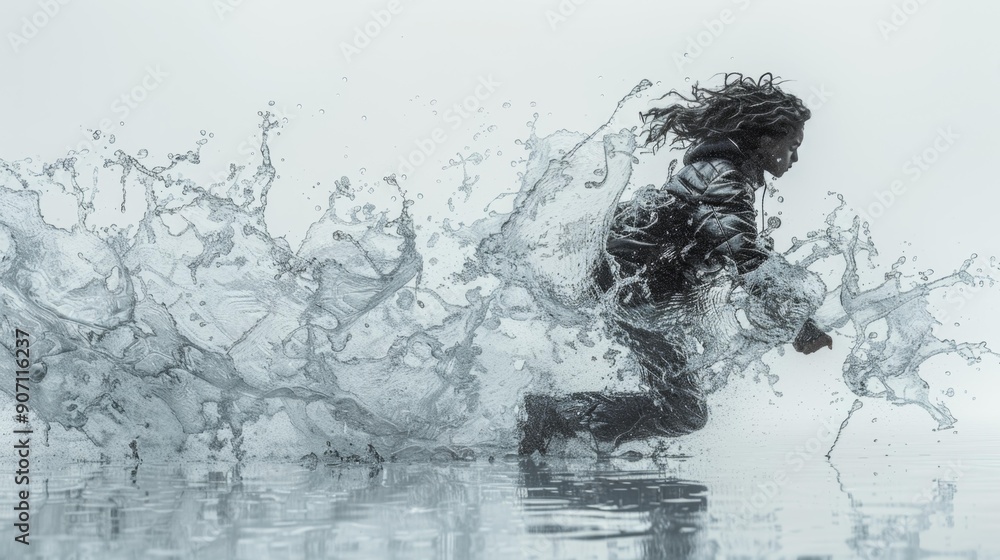 Dynamic splash action: man running through water - generative ai Dynamic splash action: man running through water - generative ai