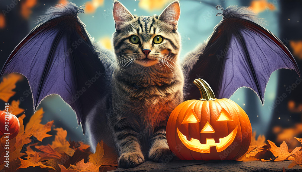 halloween wallpaper with tabby cat in bat wings next to jack o lantern pumpkin halloween wallpaper with tabby cat in bat wings next to jack o lantern pumpkin