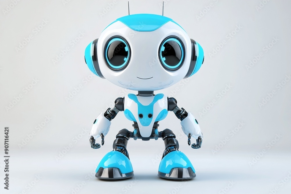 Cute blue and white robot with big eyes and a friendly expression Cute blue and white robot with big eyes and a friendly expression