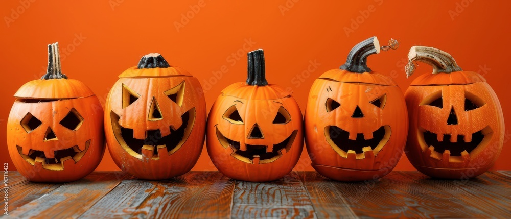 Five Unique Halloween Pumpkins on Wooden Table With Orange Background Five Unique Halloween Pumpkins on Wooden Table With Orange Background