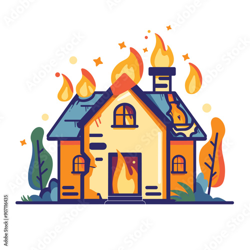 Brightly colored house engulfed flames, vector illustration burning building. Cartoonstyle fire consuming residential home, emergency disaster depicted. Safety hazard, urgent response needed house