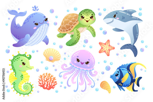 Set of sea animals featuring a cute whale, turtle, shark, seahorse, jellyfish and fish. Hand drawn vector illustration