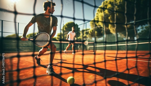 Two tennis players play on a clay court. The image captures the intensity and athleticism of the players in action. Perfect for sports and fitness themes.