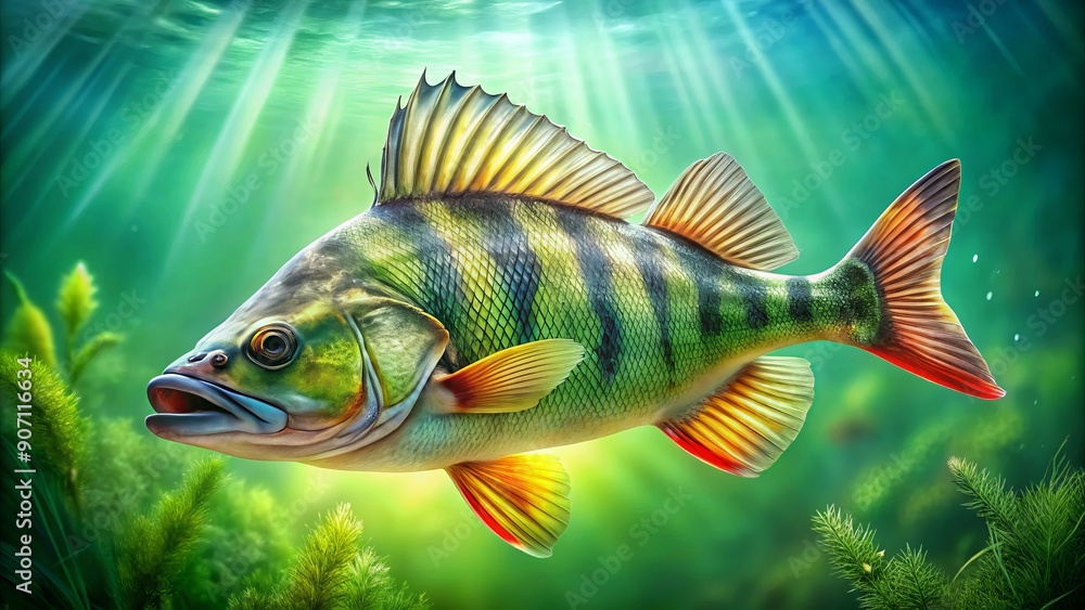 A large freshwater perch swims in water against a vibrant green background, its scales glistening in the light, proudly displaying its vibrant colors and impressive size. A large freshwater perch swims in water against a vibrant green background, its scales glistening in the light, proudly displaying its vibrant colors and impressive size.