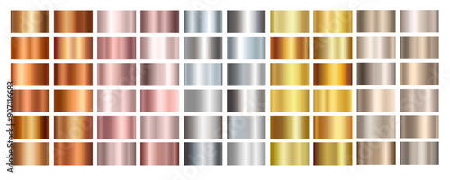Gold rose, silver, bronze, copper and golden foil texture gradation background set. Vector shiny and metalic gradient collection for border, frame, ribbon design
