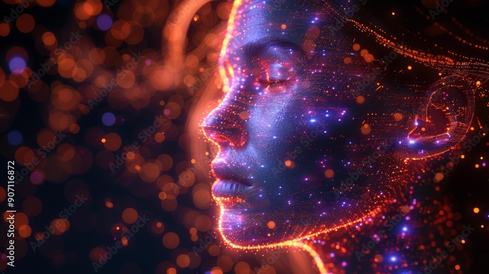 Digital human face in glowing particles - generative ai Digital human face in glowing particles - generative ai