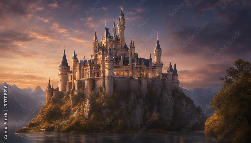 Fototapeta premium A grand and majestic castle set against the twilight sky, with towering spires and intricate archite 