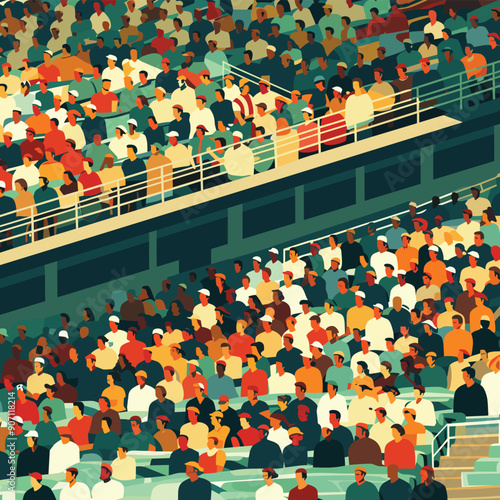 Crowded stadium spectators watching event, diverse audience seated stands, colorful attire. Fans gathered sports event, enthusiastic crowd competition, varied ethnicities enjoying game. Illustration