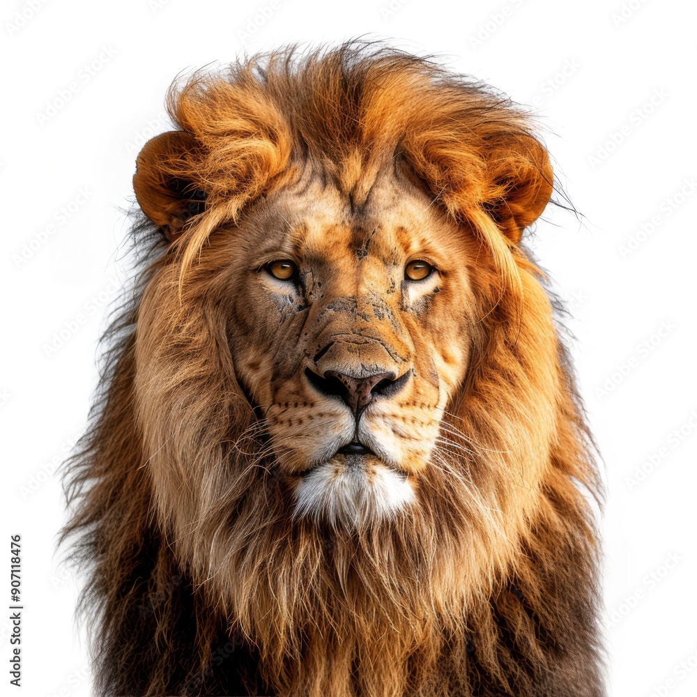 Majestic in Solitude: A Lone Lion Portrait on a Pristine White Background, Exuding the Dignity of an Aged Wild Beast Majestic in Solitude: A Lone Lion Portrait on a Pristine White Background, Exuding the Dignity of an Aged Wild Beast