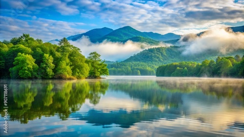 Fototapeta Naklejka Na Ścianę i Meble -  Serene summer morning at Smith Mountain Lake with misty fog rolling off calm waters surrounded by lush green trees and majestic mountain peaks.