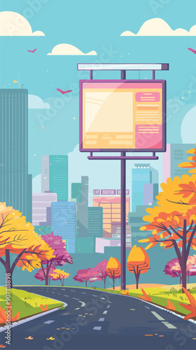 Empty billboard advertisement urban park setting skyscrapers. Clear sky, autumn trees winding road, cartoon style. Blank advertising board ready branding, cityscape backdrop