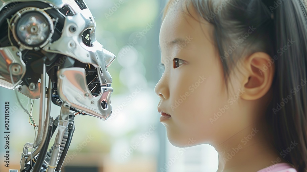 Young Girl Interacts With Robot in Modern Indoor Setting During Bright Daylight Hours Young Girl Interacts With Robot in Modern Indoor Setting During Bright Daylight Hours