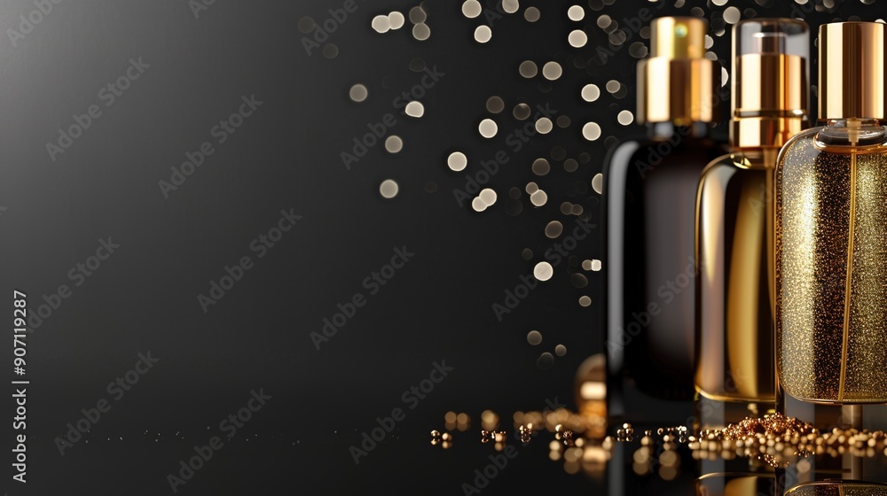 Opulent Black and Gold Background with High-End Perfumes and Luxury Cosmetics Opulent Black and Gold Background with High-End Perfumes and Luxury Cosmetics