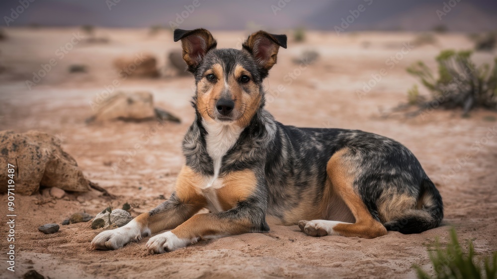 A dog laying down in the dirt with a desert background, AI A dog laying down in the dirt with a desert background, AI
