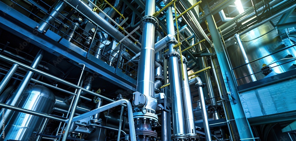 Modern Industrial Facility Featuring Complex Pipe Systems and Machinery Under Bright Lighting Modern Industrial Facility Featuring Complex Pipe Systems and Machinery Under Bright Lighting