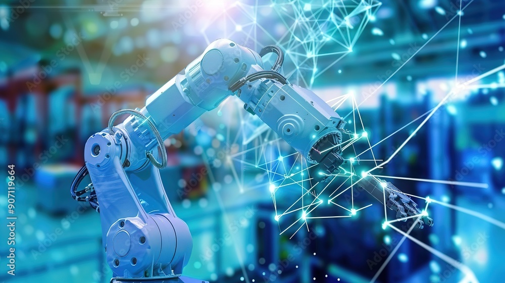 Fototapeta premium Advanced Robotic Arm Engaging in Precision Manufacturing Tasks Within a High-Tech Industrial Facility