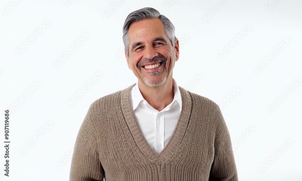 Medium shot portrait video of a pleased man in his 50s that is wearing a chic cardigan against a white background Medium shot portrait video of a pleased man in his 50s that is wearing a chic cardigan against a white background