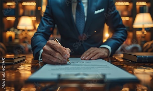 A close-up of a male CEO or boss in a suit signing a document in an office, finalizing a business agreement.