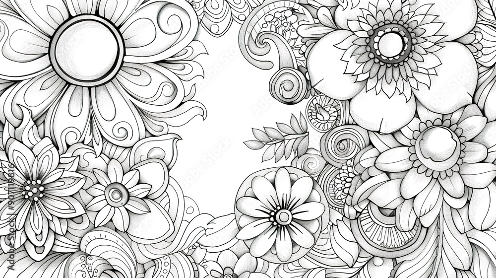 Intricate Floral Designs Featuring Swirls and Petals in Black and White Sketch Style Intricate Floral Designs Featuring Swirls and Petals in Black and White Sketch Style