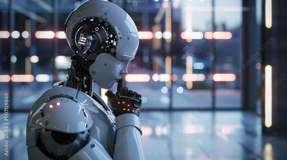 Contemplative Robot in Modern Urban Setting During Evening With Futuristic Architecture Contemplative Robot in Modern Urban Setting During Evening With Futuristic Architecture