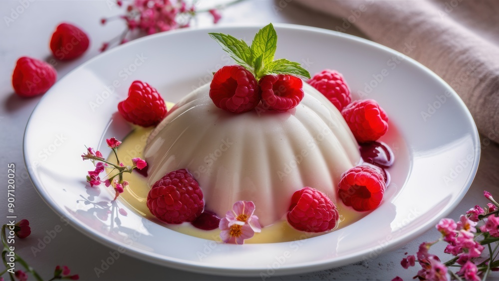 A white plate with a dessert and raspberries on it, AI A white plate with a dessert and raspberries on it, AI