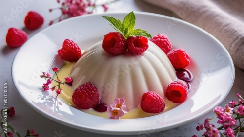 A white plate with a dessert and raspberries on it, AI