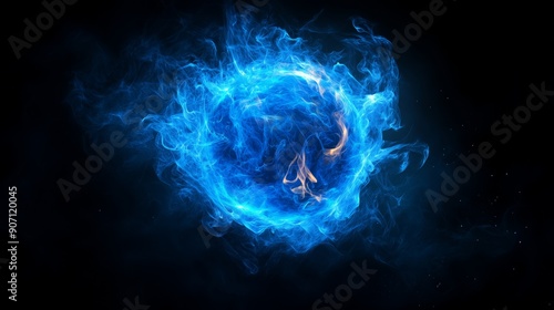 A swirling blue fireball, glowing brightly against a black background. Blue fireball with intense flames in a stunning visual effect. photo