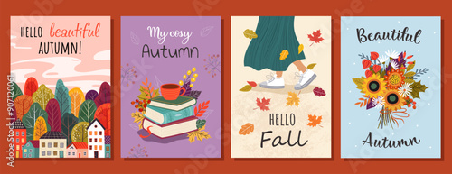 Autumn cards. Love autumn. Hello Autumn. Leaves bouquet flowers twigs. For flyer, poster, banner, brochure, email header. isolated on white background