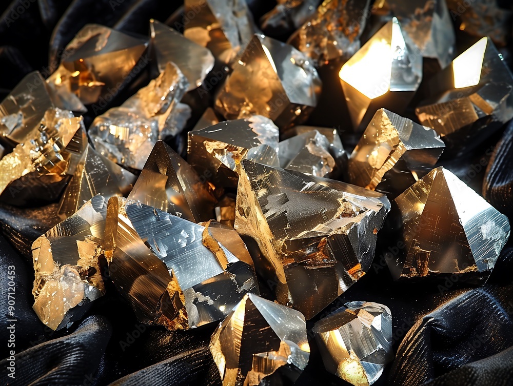 Cluster of Shiny Pyrite Crystals (Fool's Gold) on Dark Fabric Cluster of Shiny Pyrite Crystals (Fool's Gold) on Dark Fabric