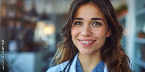 Warm Smile of a Female Doctor Holding a Stethoscope, Exuding Compassion and Professionalism in a Hospital Office Setting.