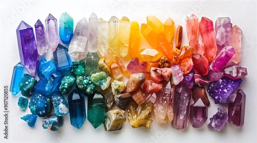 Healing Crystals Arranged in Rainbow Gradient on White Background