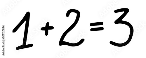 Handwritten black math equation 1 plus 2 equals 3 isolated on a white background. Concept of mathematical symbols, teaching, education, learning aids, minimalist style. Print, design element.