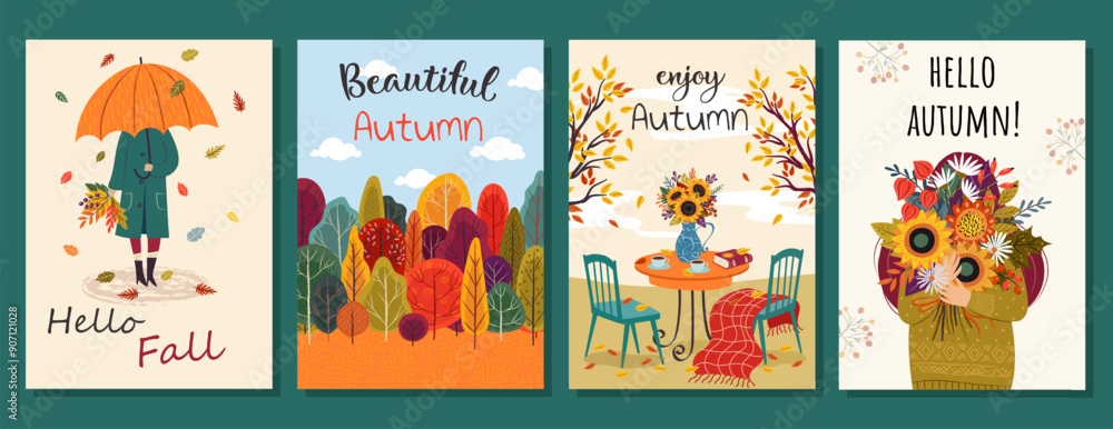 Fototapeta premium Love autumn card. Universal Autumn cards. Hello Autumn. Leaves bouquet flowers twigs. For flyer, poster, banner, brochure, email header. isolated on white background