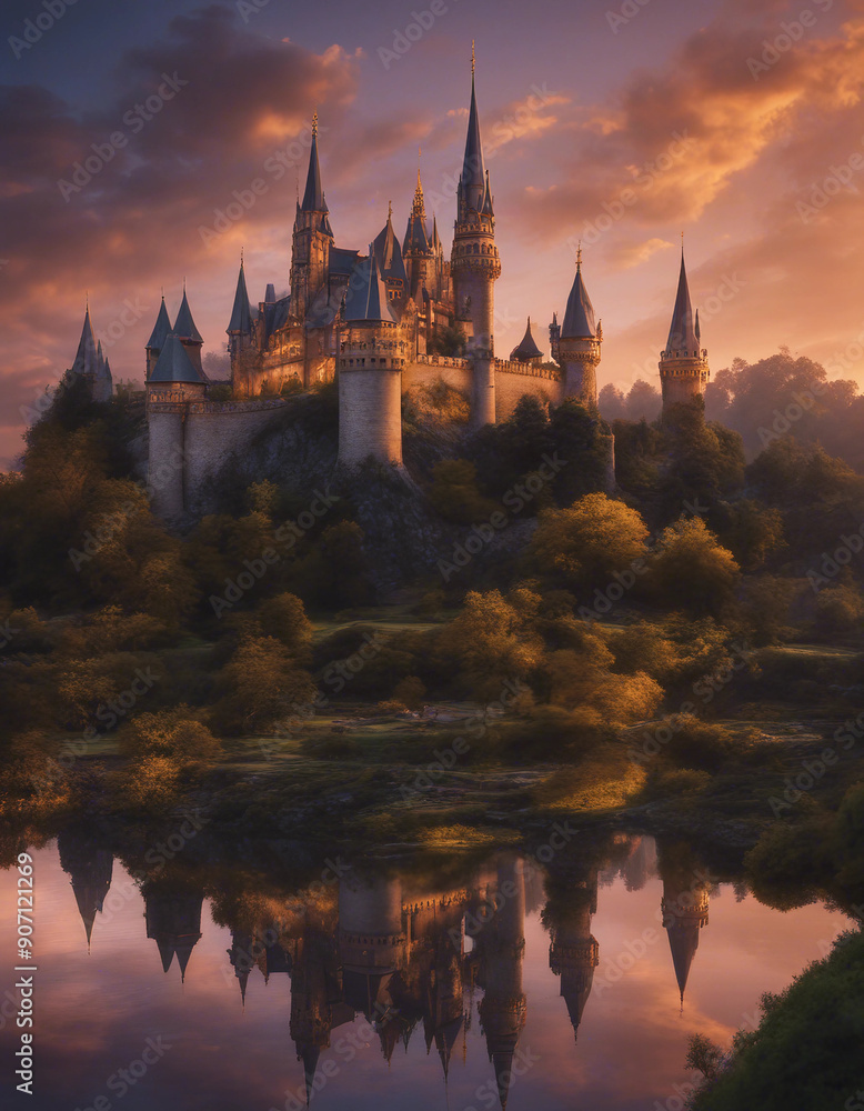 Naklejka premium A grand and majestic castle set against the twilight sky, with towering spires and intricate archite 