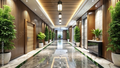 Elegant luxury office hall with sleek marble floor  lush green plants  and refined wooden accents  evoking a sense of sophistication in a modern commercial setting.